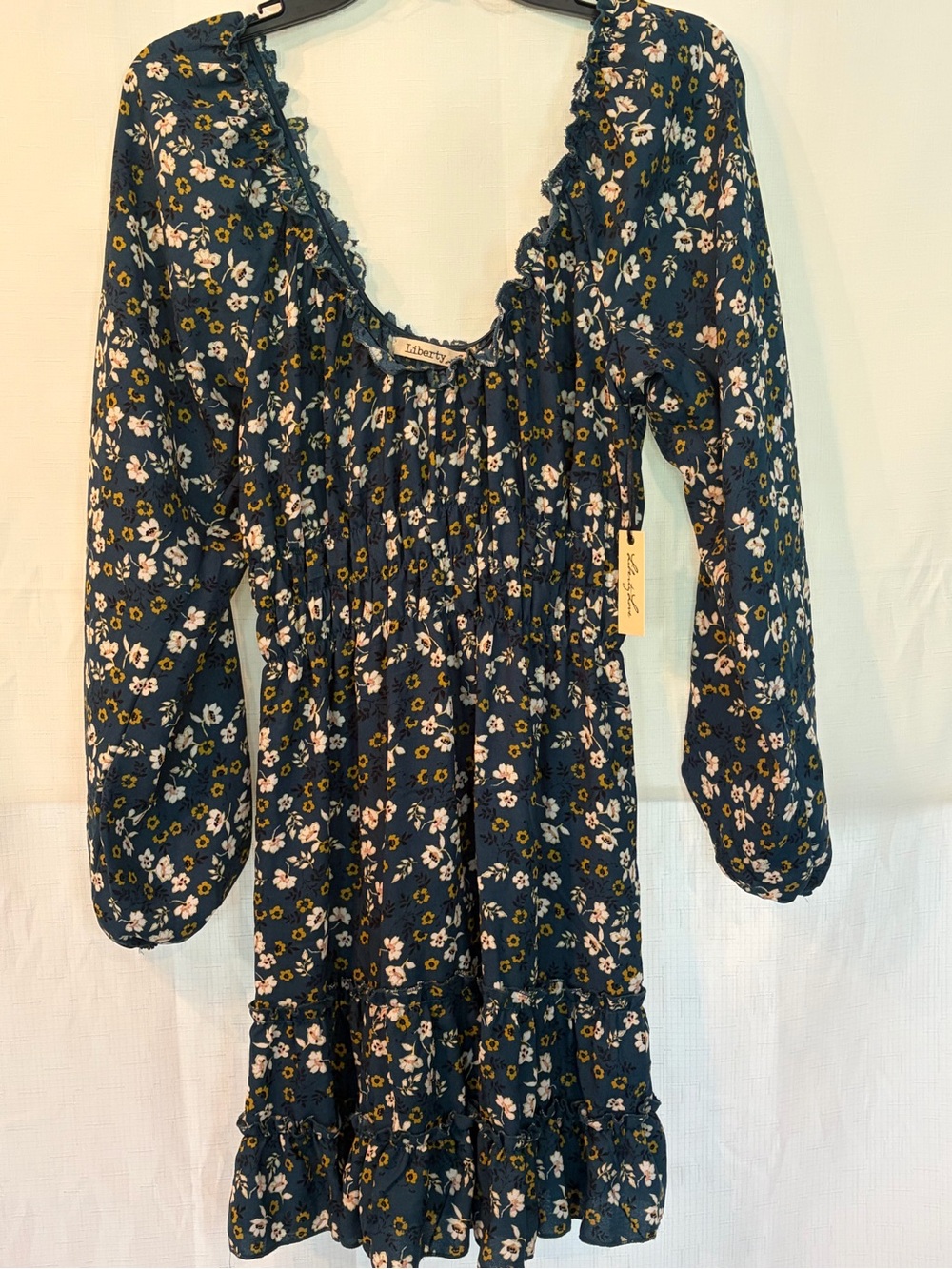 Liberty Love Navy Floral Smocked Ruffle Mini Dress with White & Mustard Blossoms